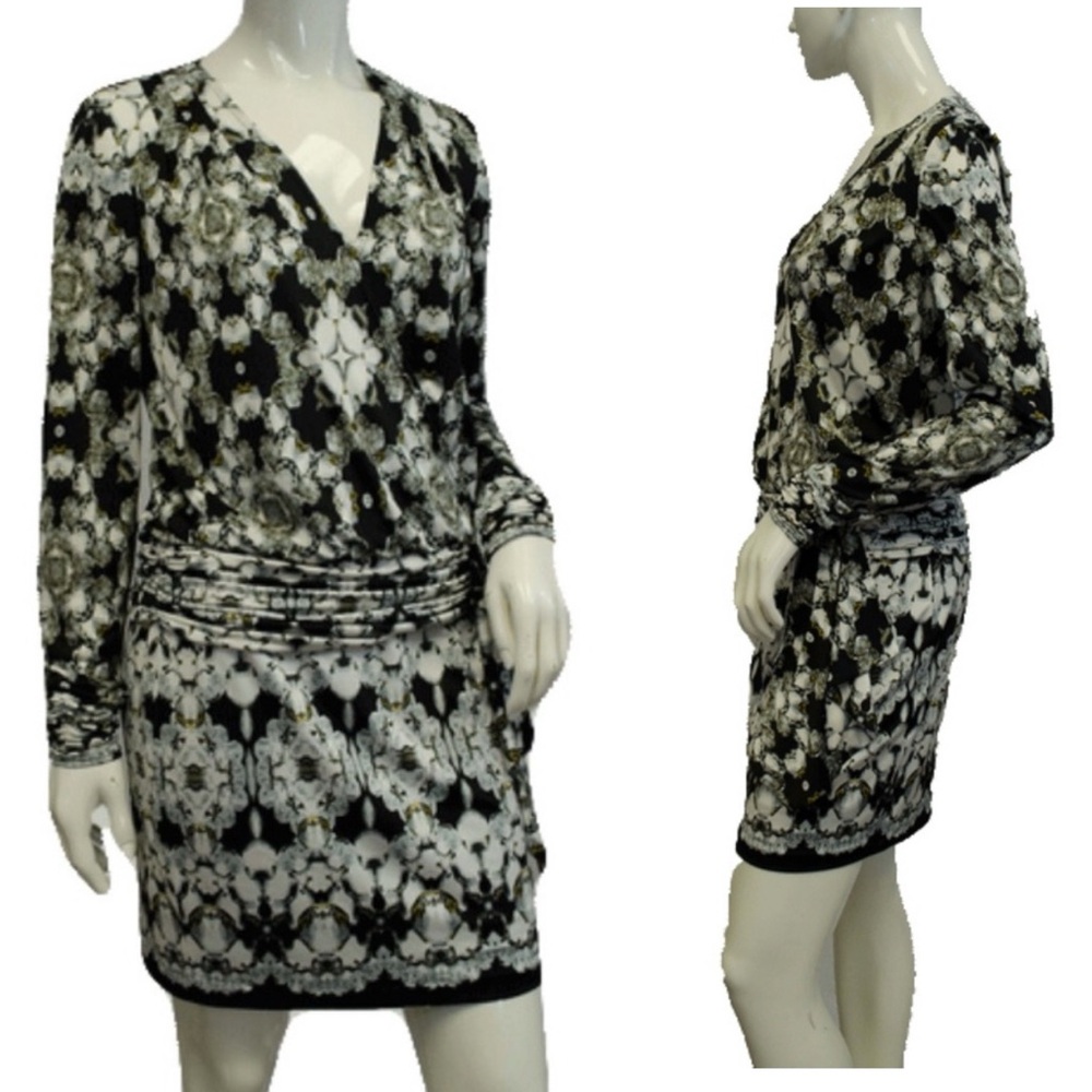 Cache Wrap Dress Black White Print Ruched XS